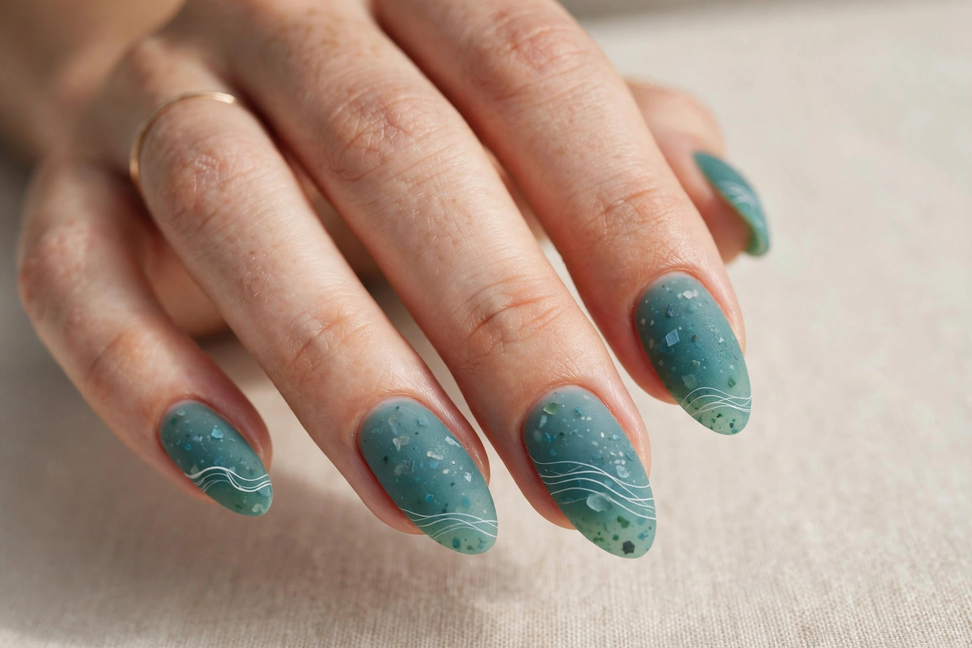 Matte teal sea-glass nails with white wave line art