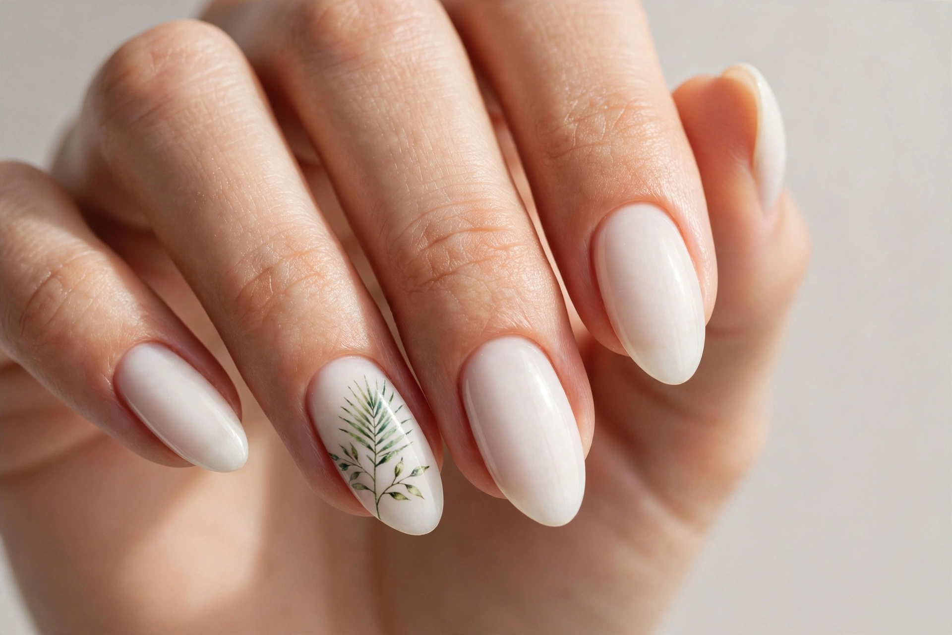Milky white nails with green palm leaf accent