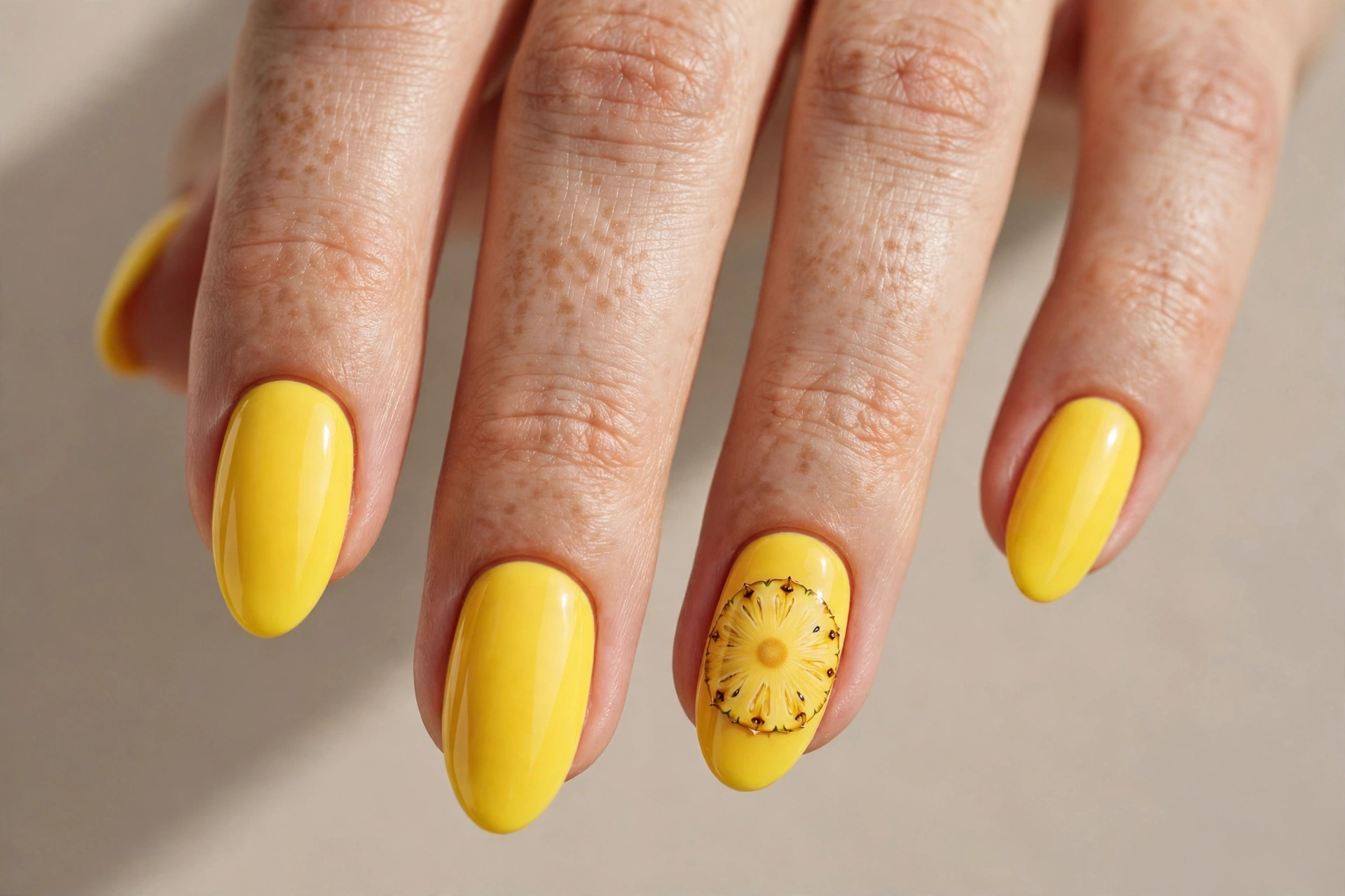 Pineapple yellow nails with fruit slice accent