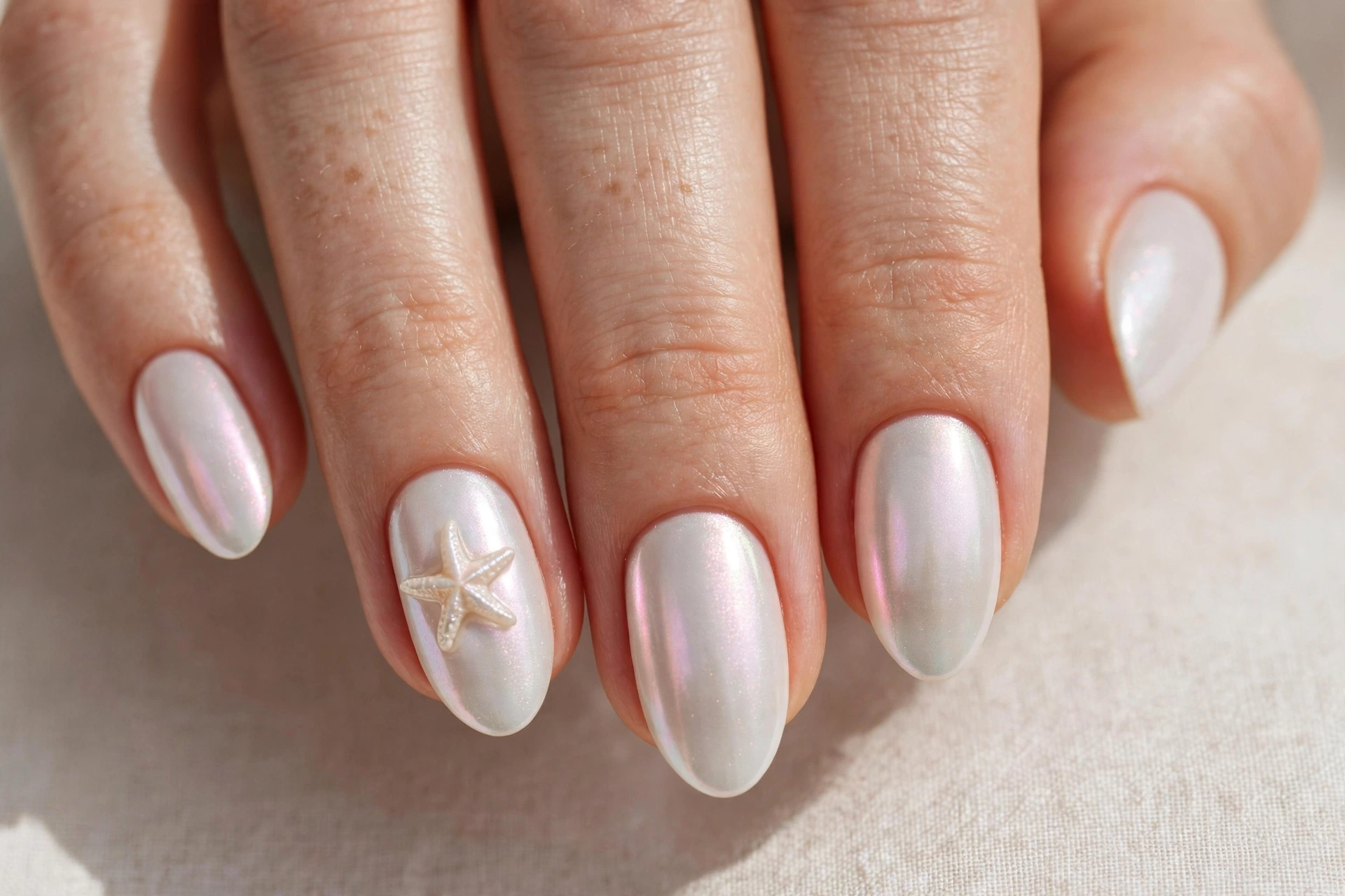 Iridescent pearl nails with starfish accent nail