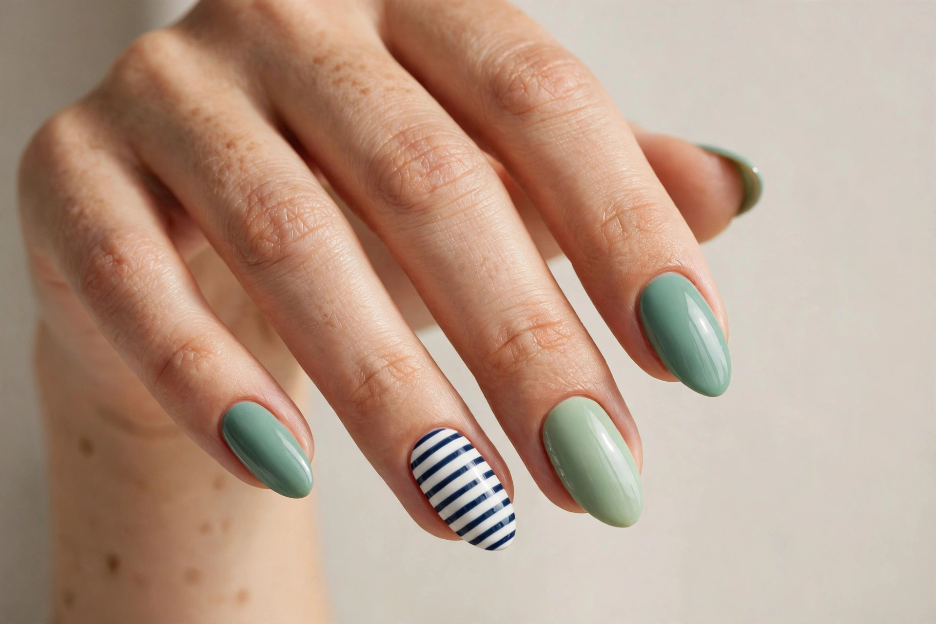 Navy and white striped accent nail on seafoam base