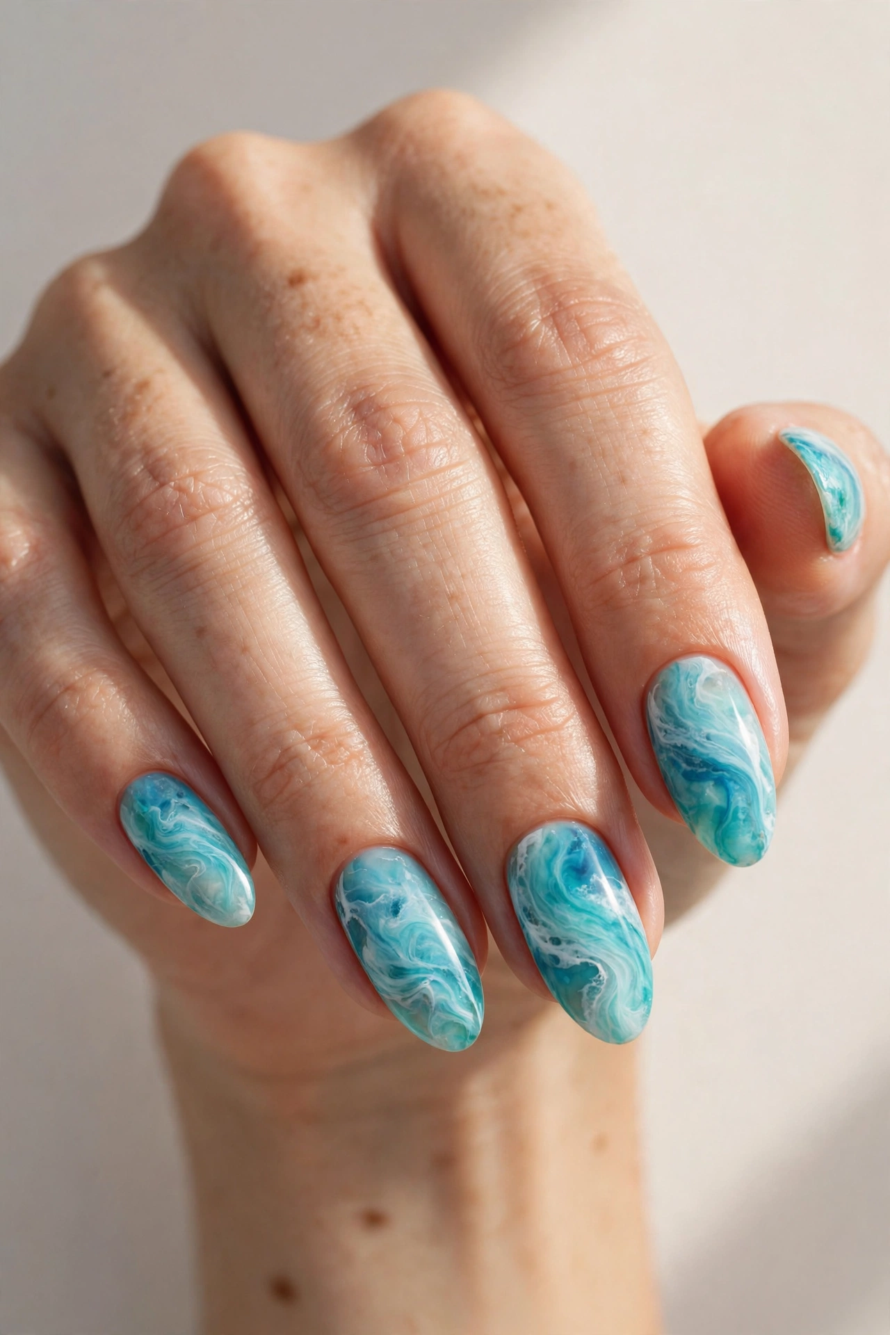 Aqua and turquoise water marble nails