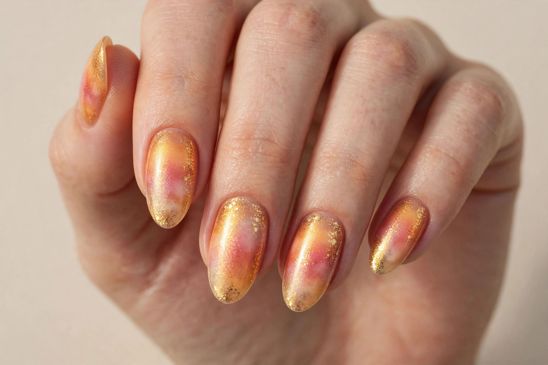 Beach sunset aura nails with golden shimmer