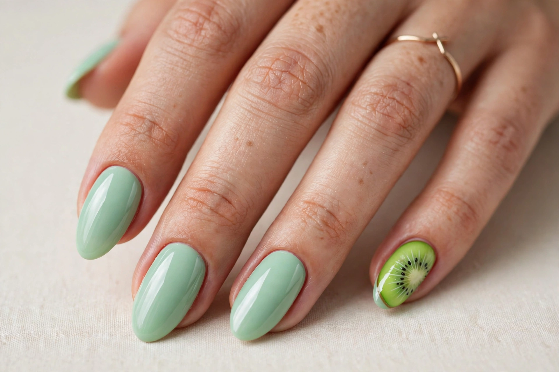 Mint nails with lime kiwi slice accent