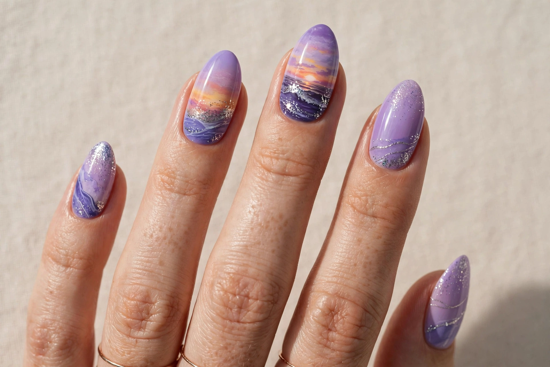 Lavender sunset nails with silver glitter
