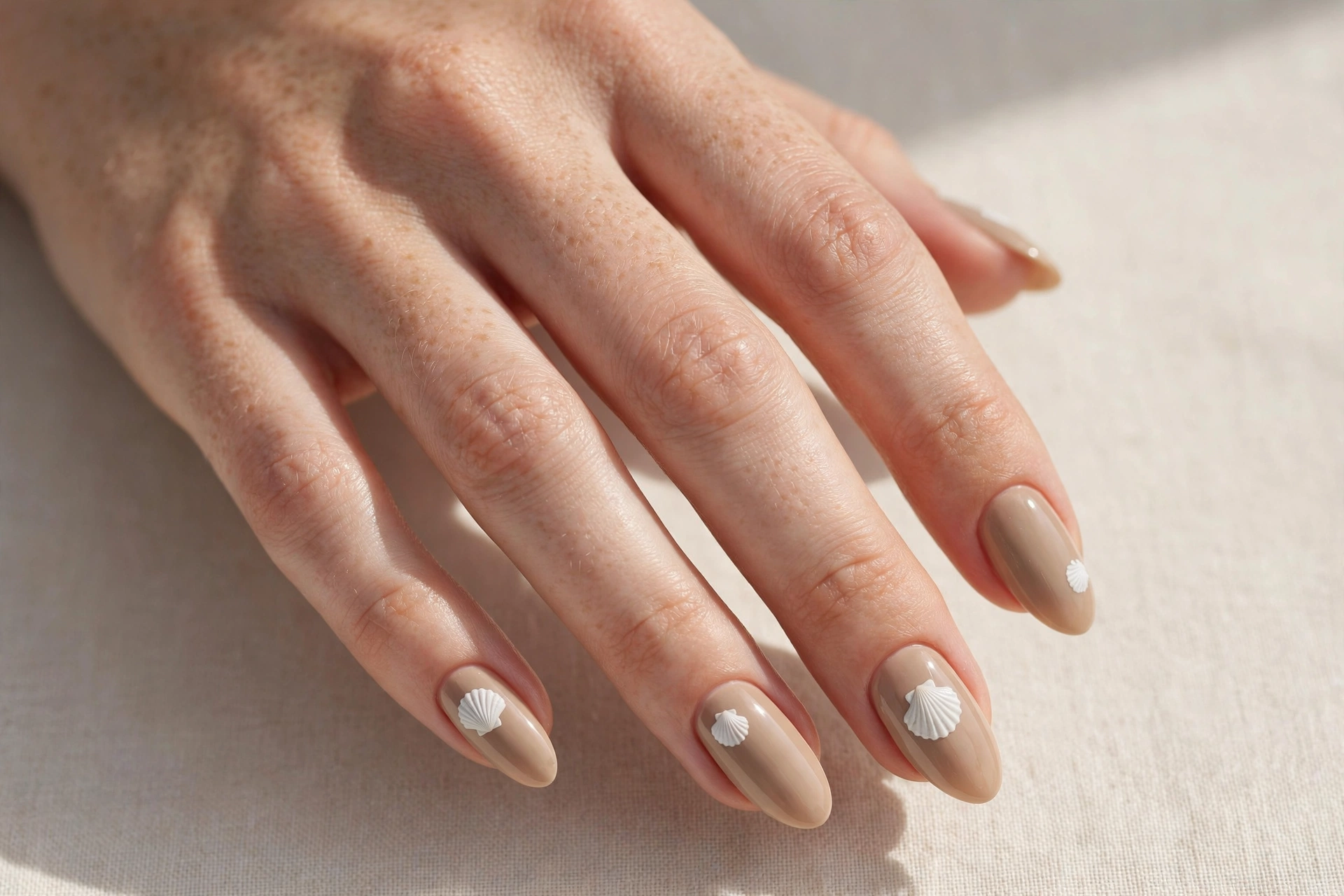 Sandy nude nails with seashell nail art