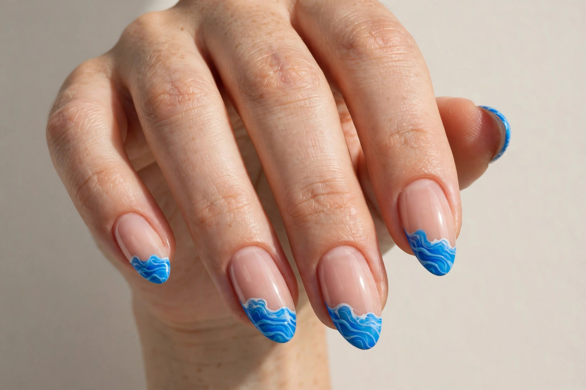 Nude nails with electric blue beach wave french tips