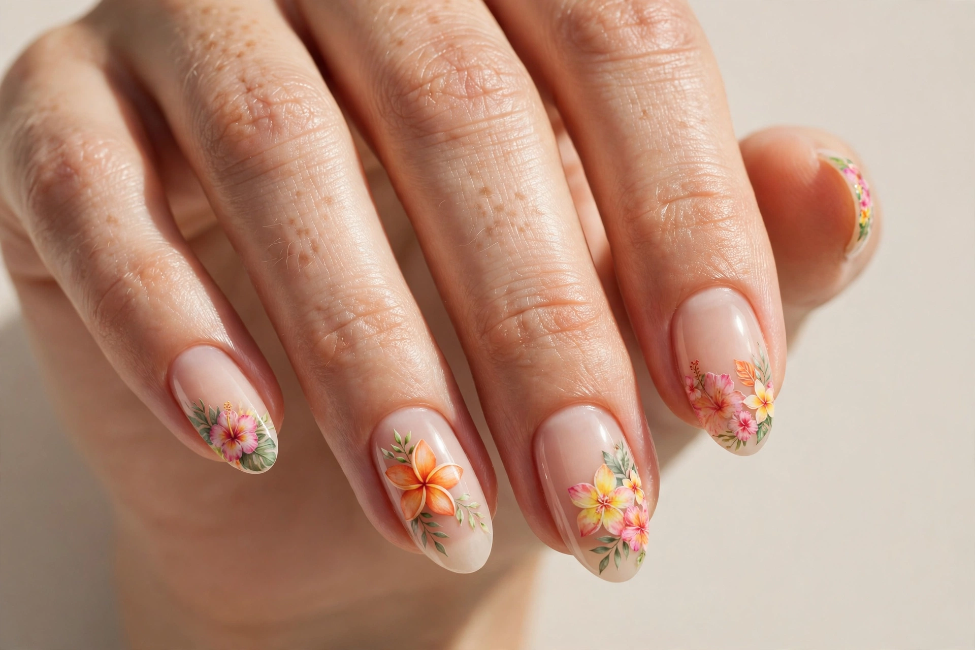 Tropical floral nail art in pink orange and yellow