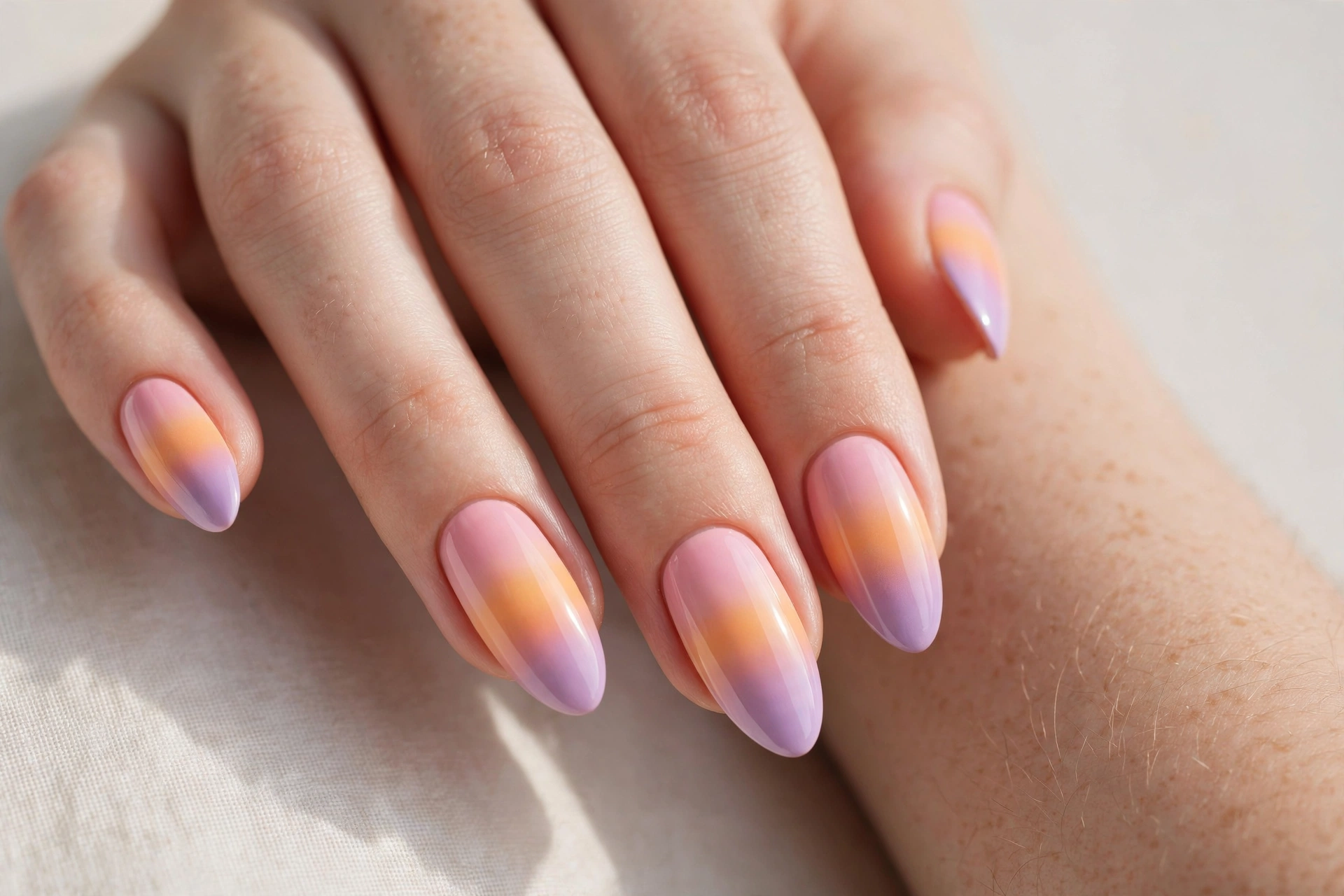 Pastel sunset gradient nails in pink orange and lavender