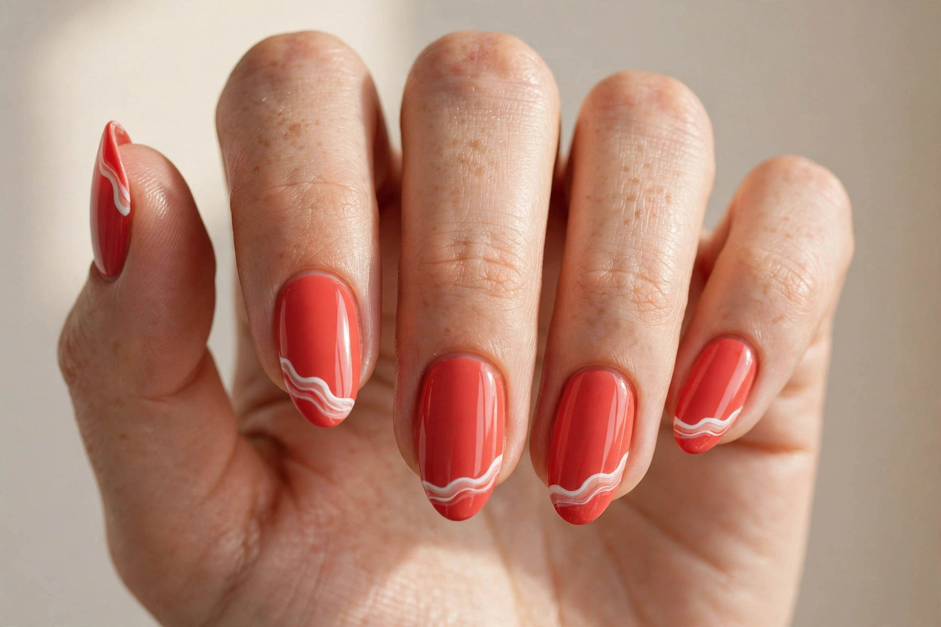 Coral red nails with white wave tips