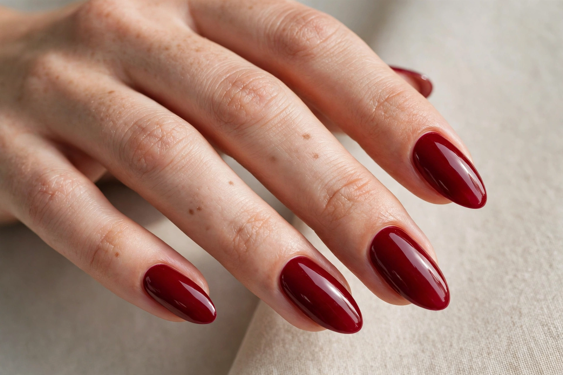 Glossy classic red almond-shaped Valentine's Day manicure