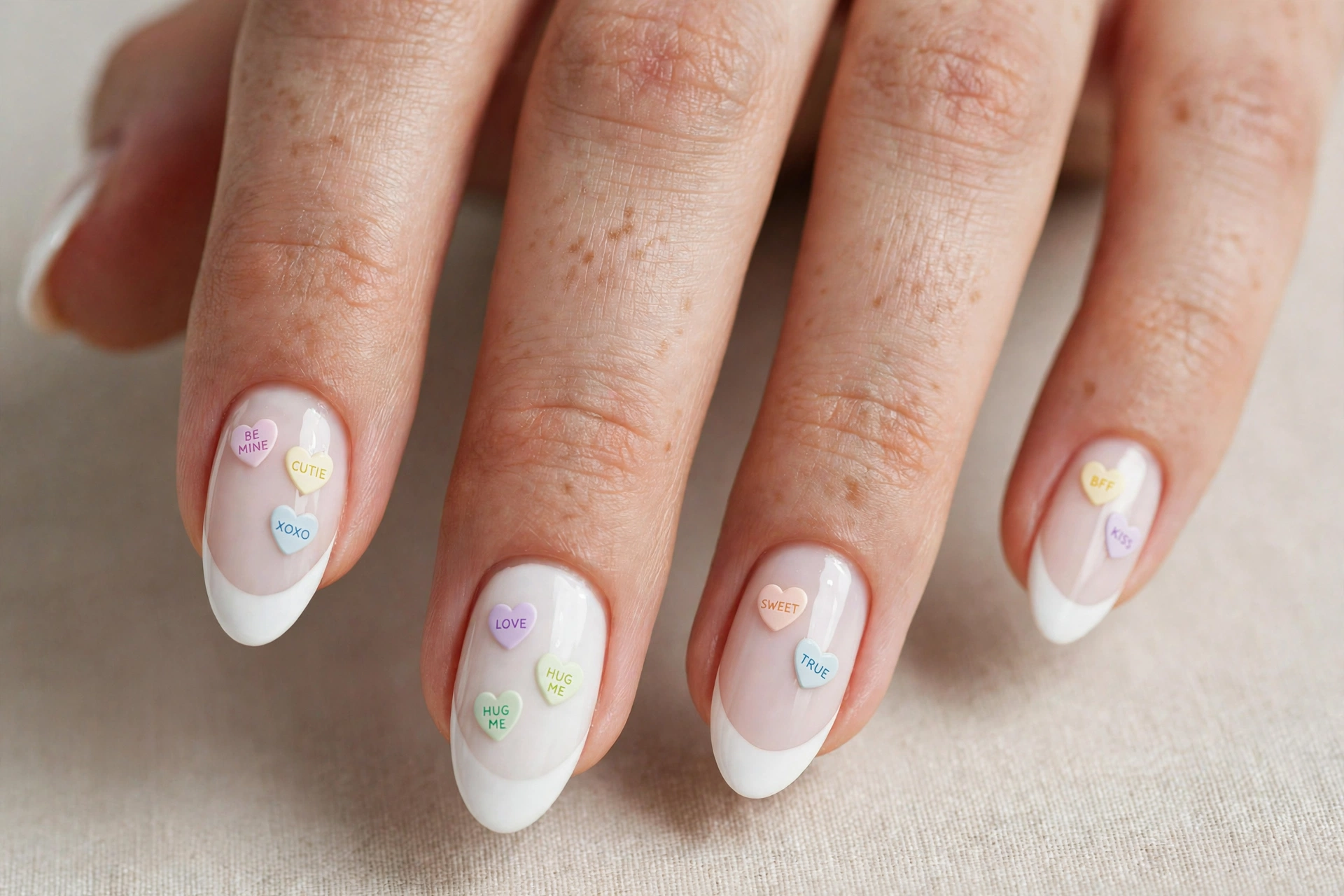 White french tip nails with pastel conversation heart candy designs