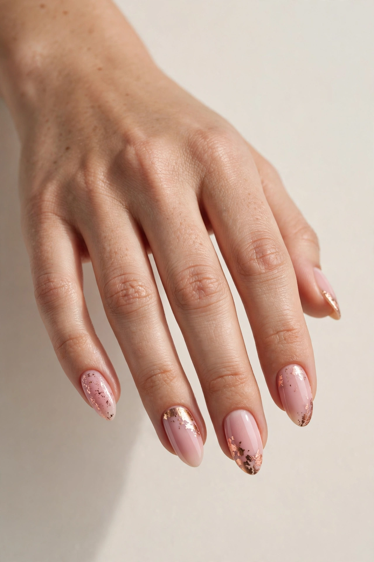 Soft pink nails with rose gold foil accents for Valentine's Day