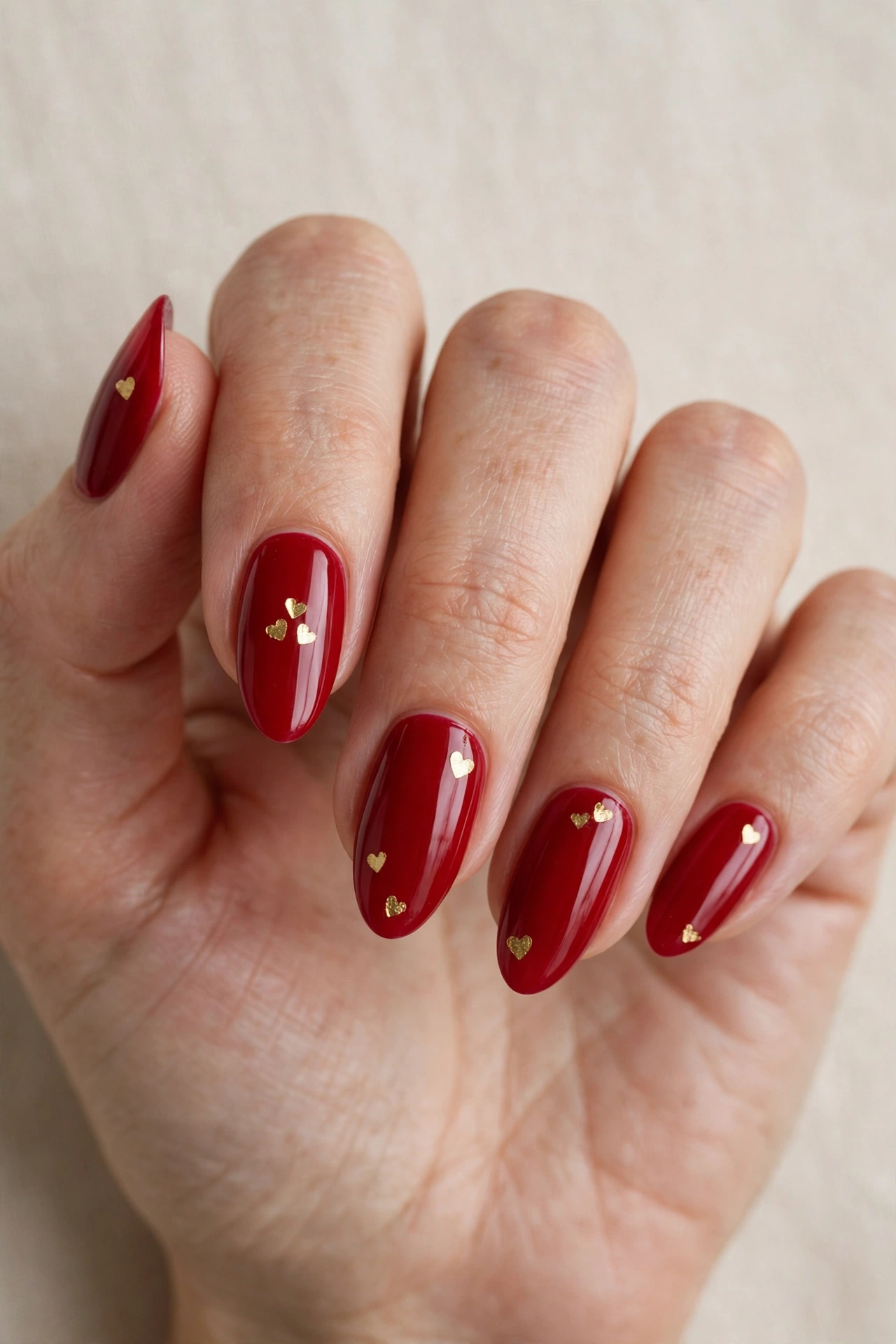 Cherry red nails with tiny gold heart decals for Valentine's Day