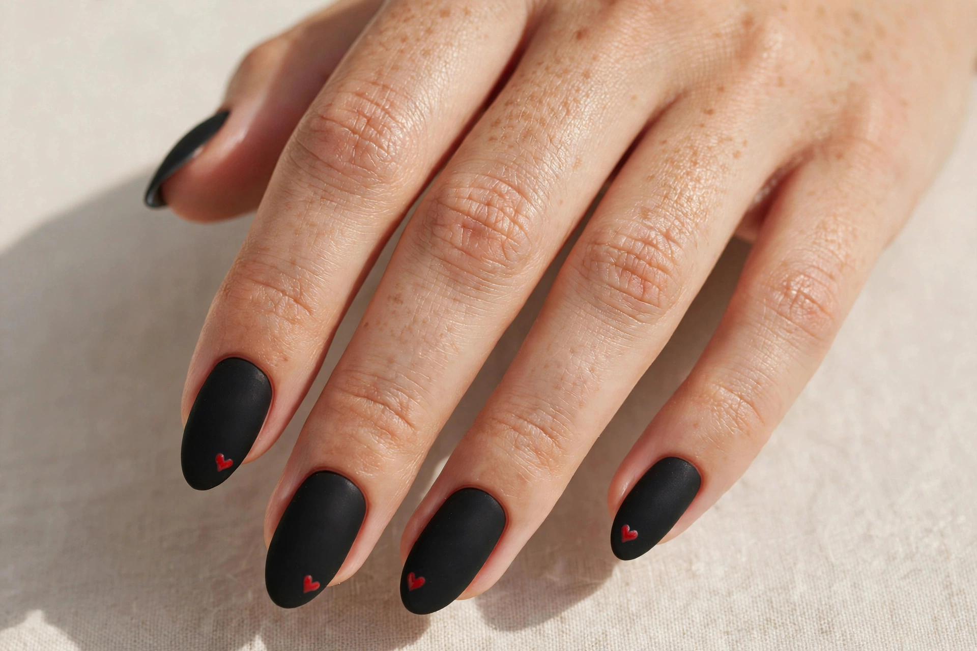 Matte black almond nails with small red heart accents