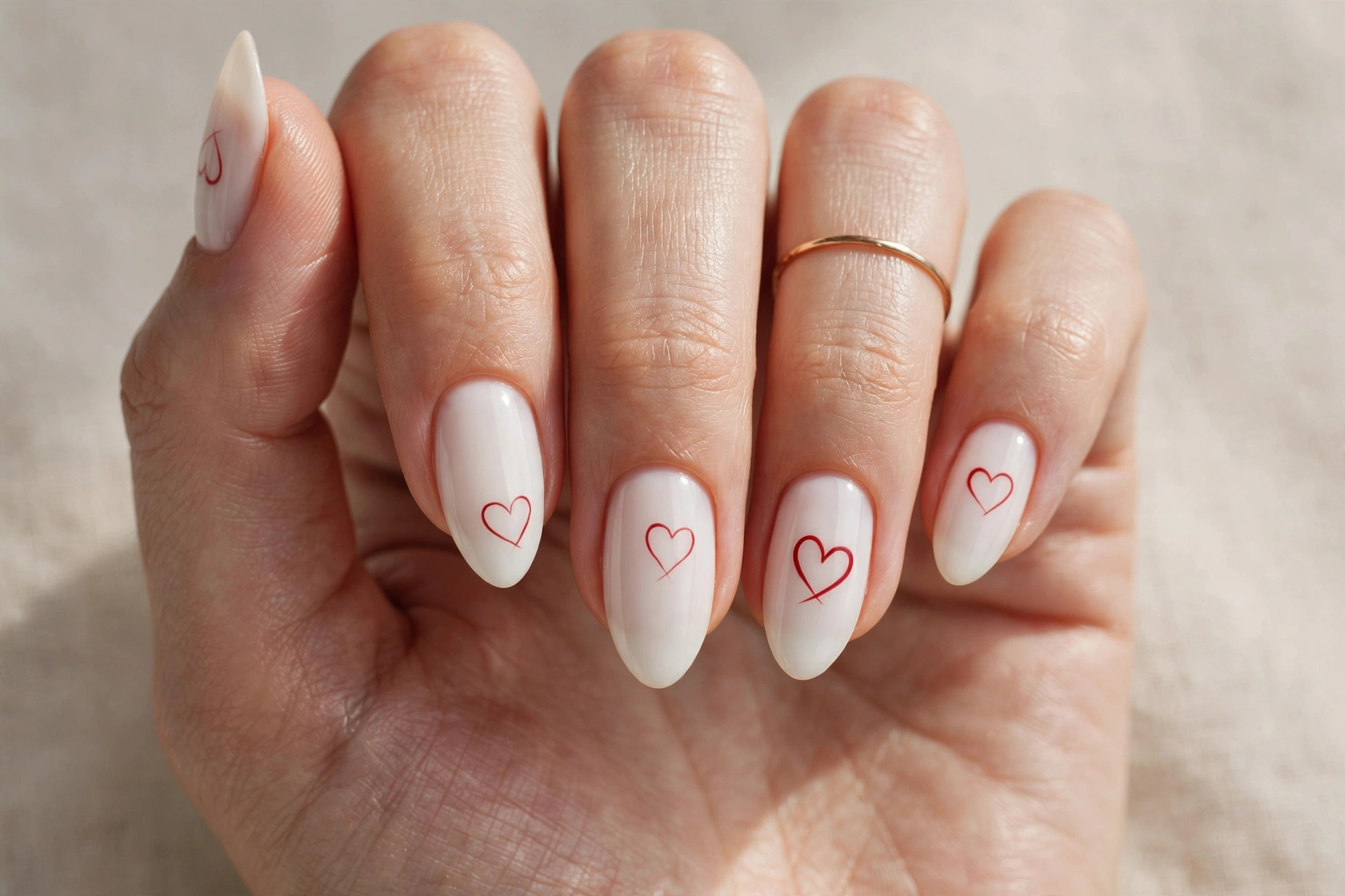 Milky white nails with delicate red heart outlines for Valentine's Day