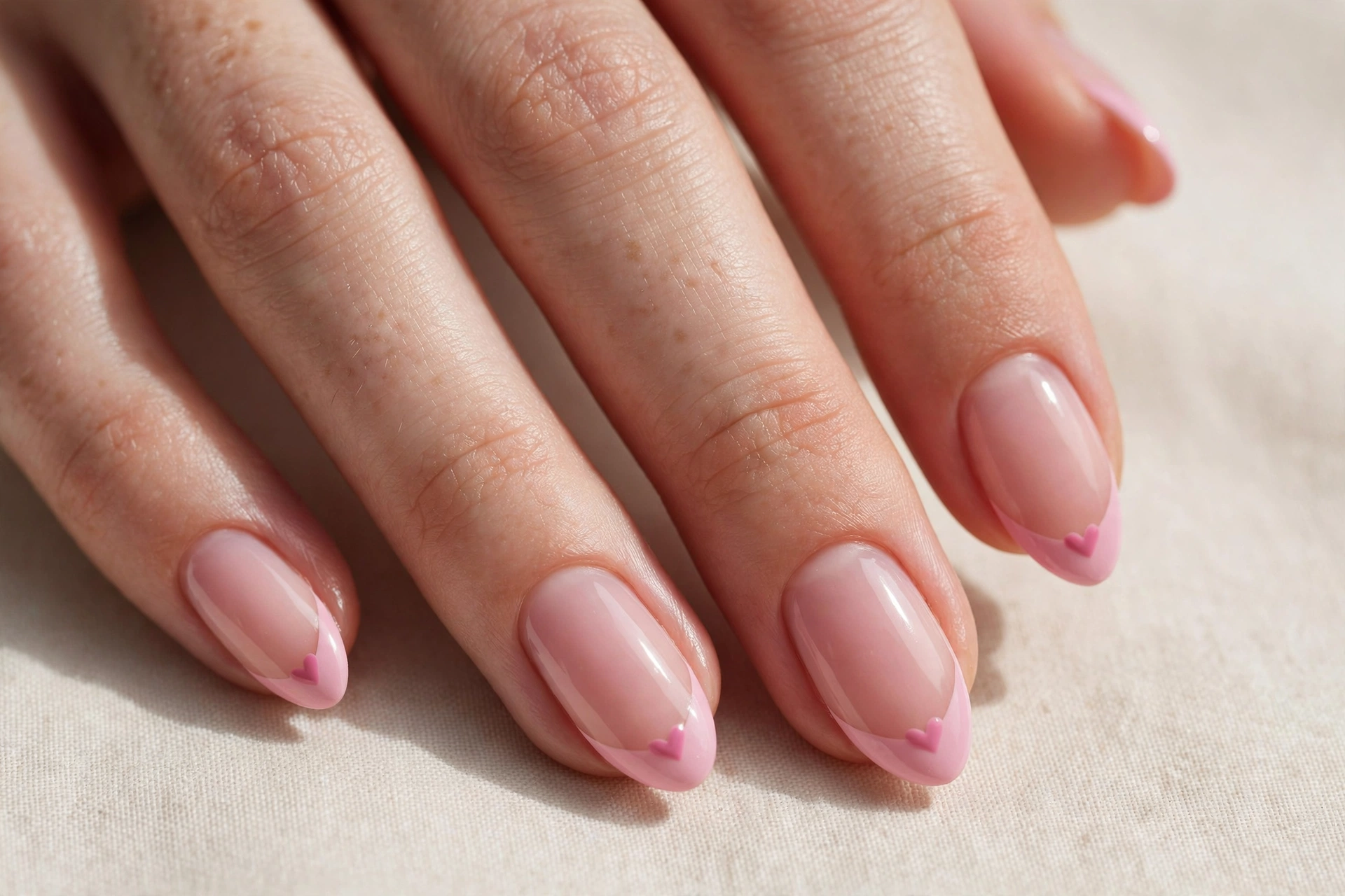 Pink french manicure with tiny heart-shaped tips for Valentine's Day