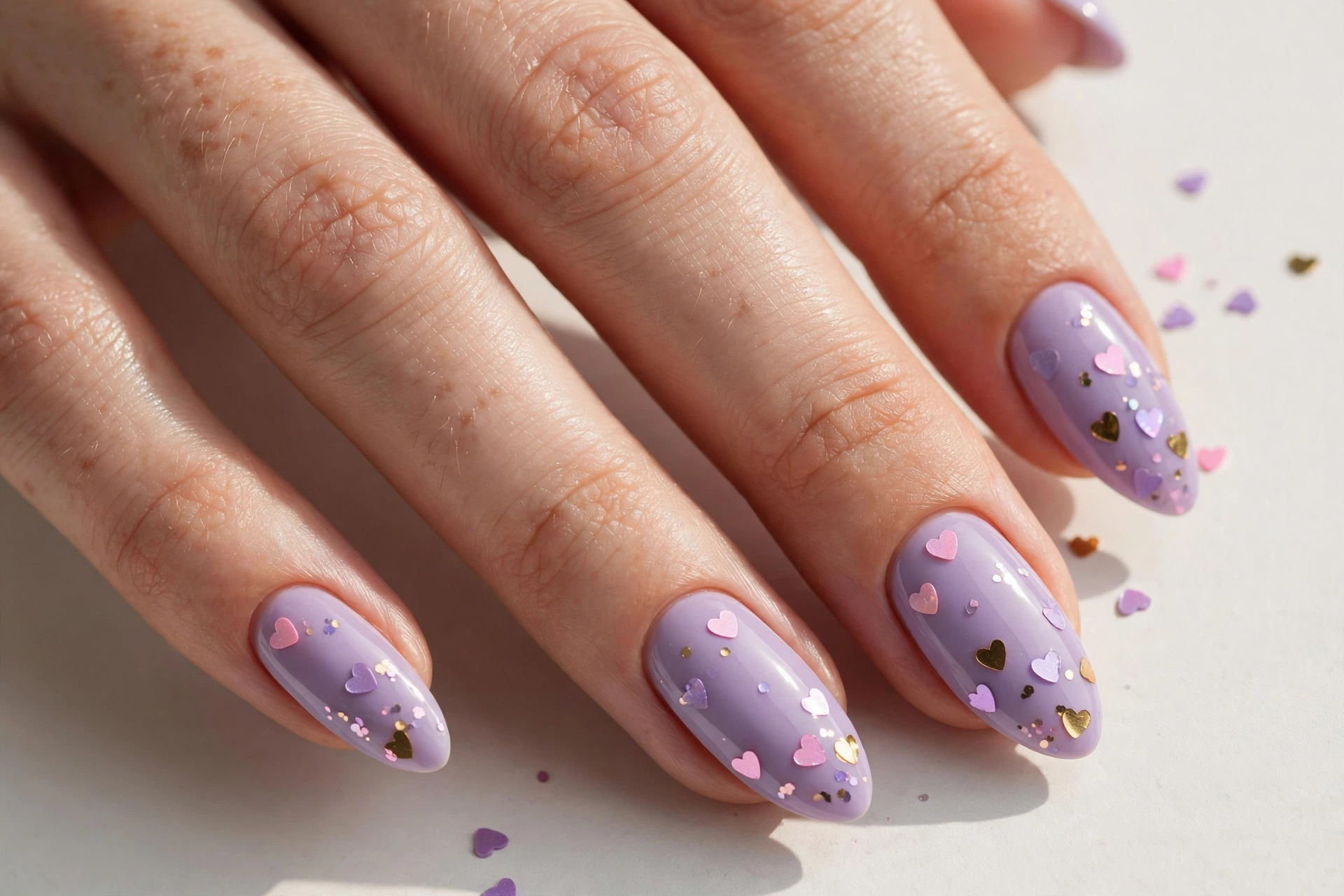 Lavender nails with tiny heart confetti for Valentine's Day