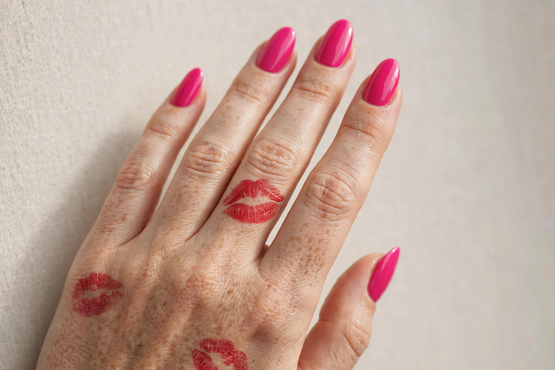 Hot pink nails with red lipstick kiss prints for Valentine's Day