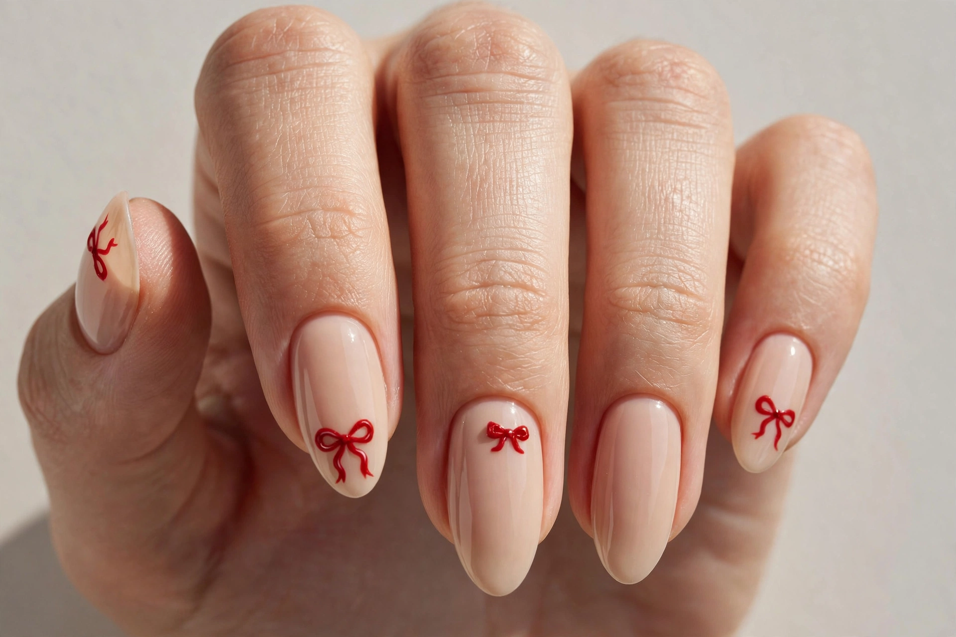 Nude almond nails with red bow accents for Valentine's Day