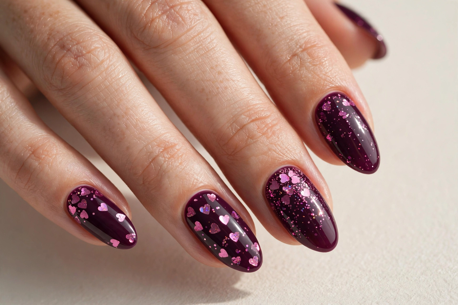 Deep plum nails with pink heart glitter for Valentine's Day