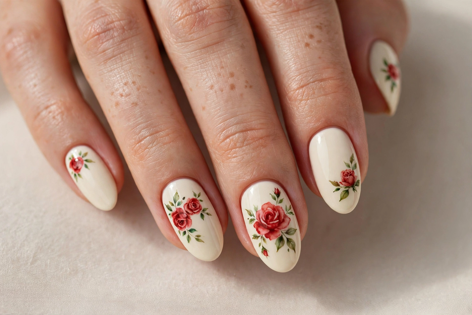 Cream nails with hand-painted red roses for Valentine's Day