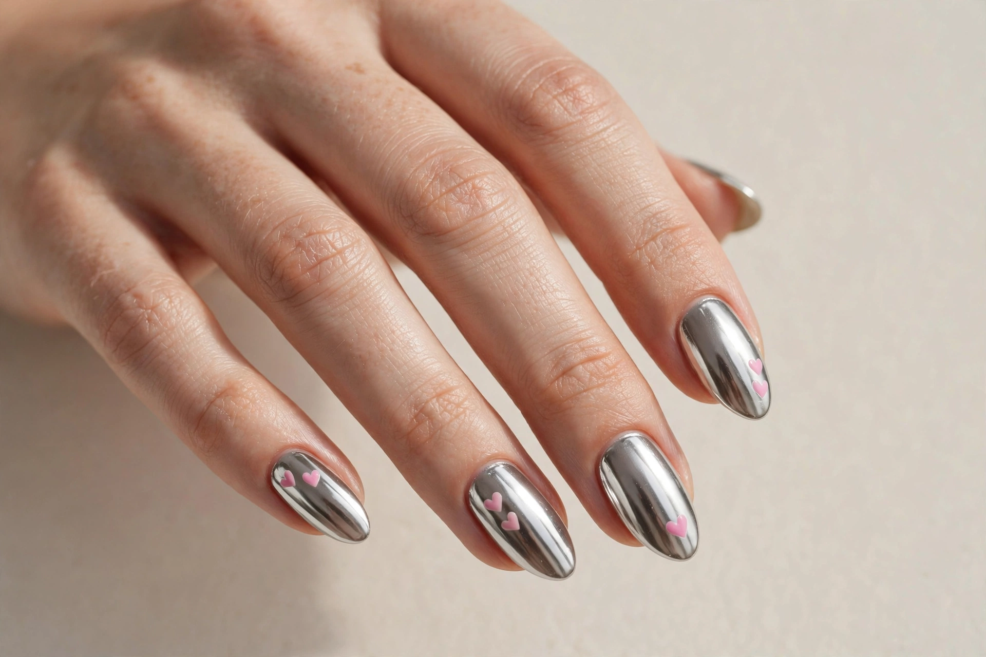 Silver chrome nails with small pink hearts for Valentine's Day