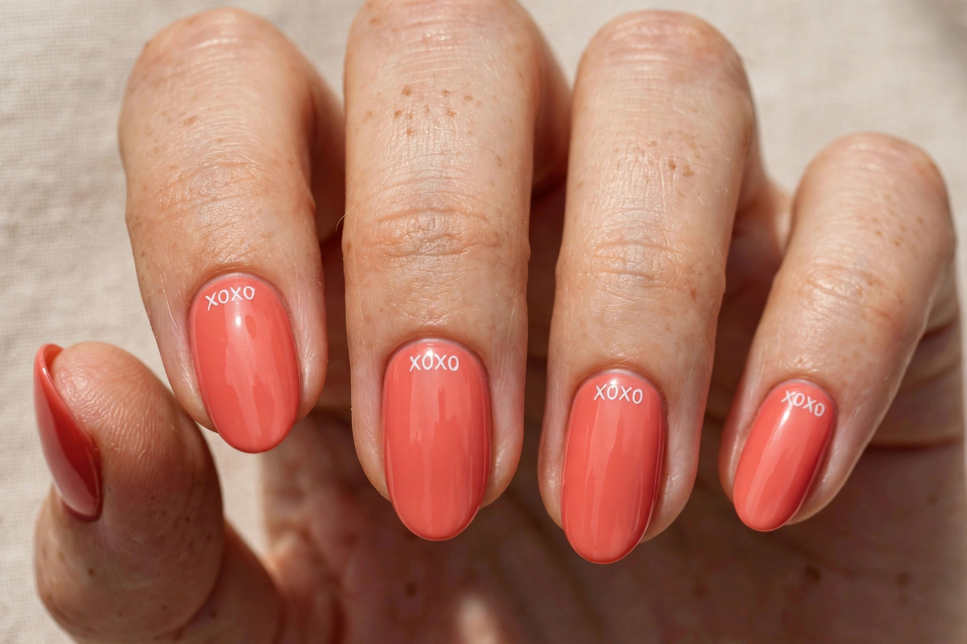 Coral nails with tiny white XOXO lettering for Valentine's Day