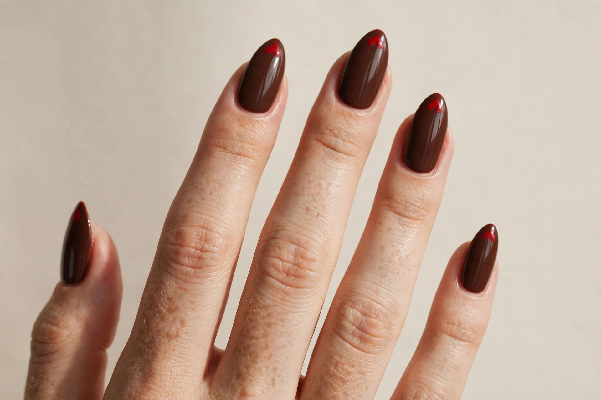 Chocolate brown nails with red heart-shaped tips