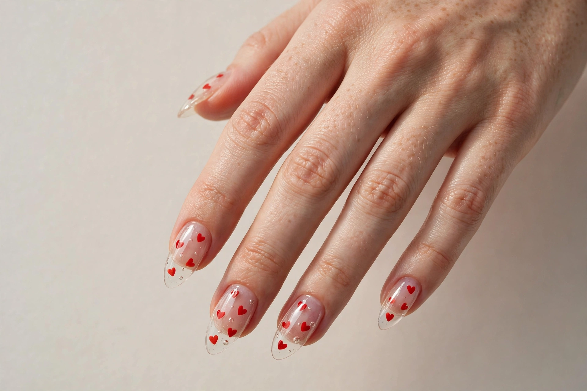 Glass nails with floating red hearts encapsulated inside