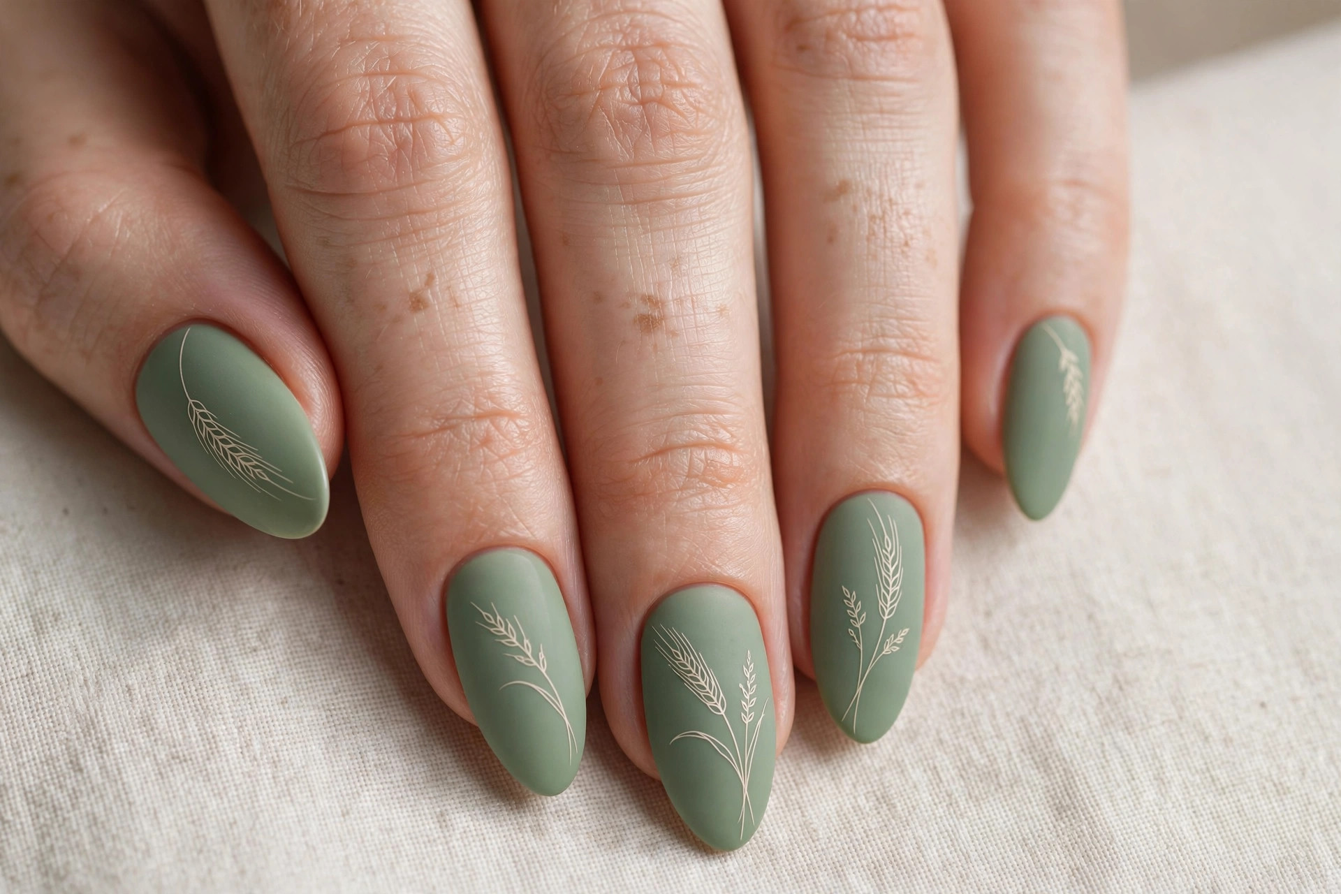 Delicate wheat stalk line art on sage green fall nails