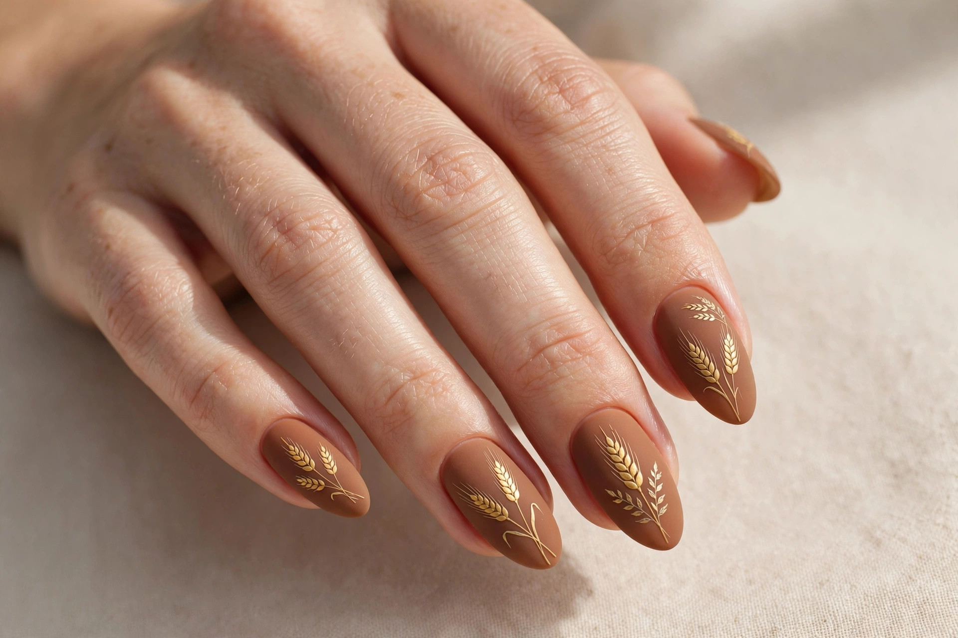 Golden wheat stalk nail art on brown nails