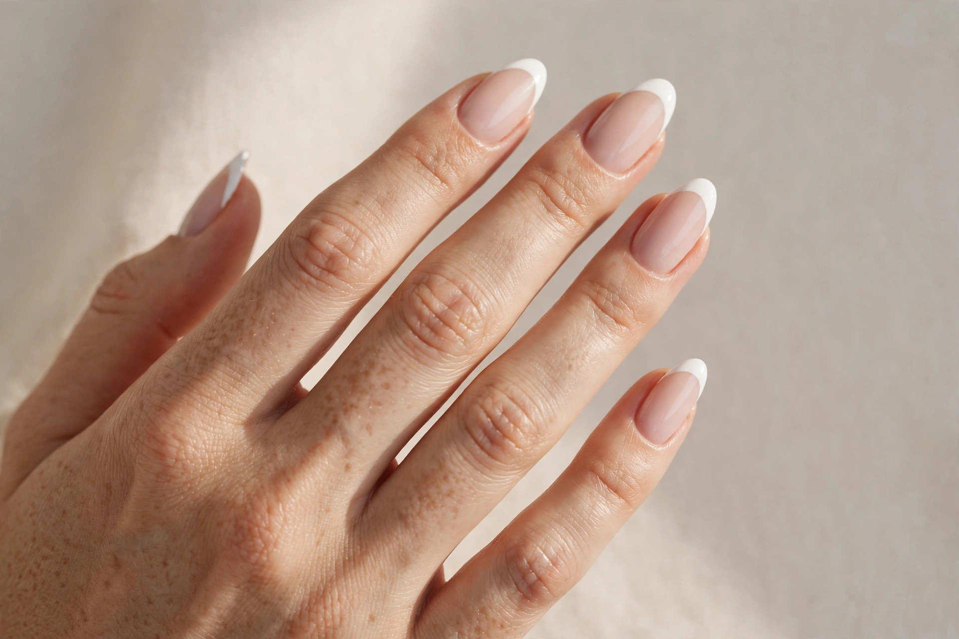 Classic white French tip manicure on almond shaped nails