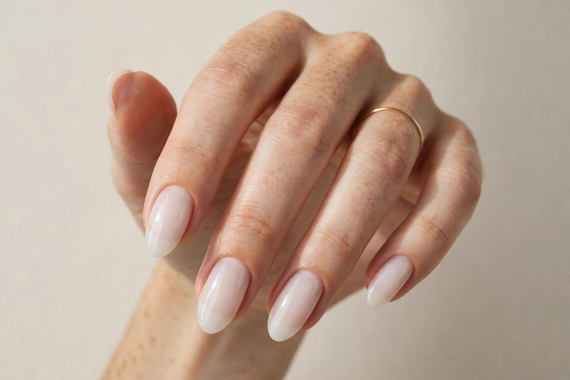 Sheer milky white nails with a soft translucent finish