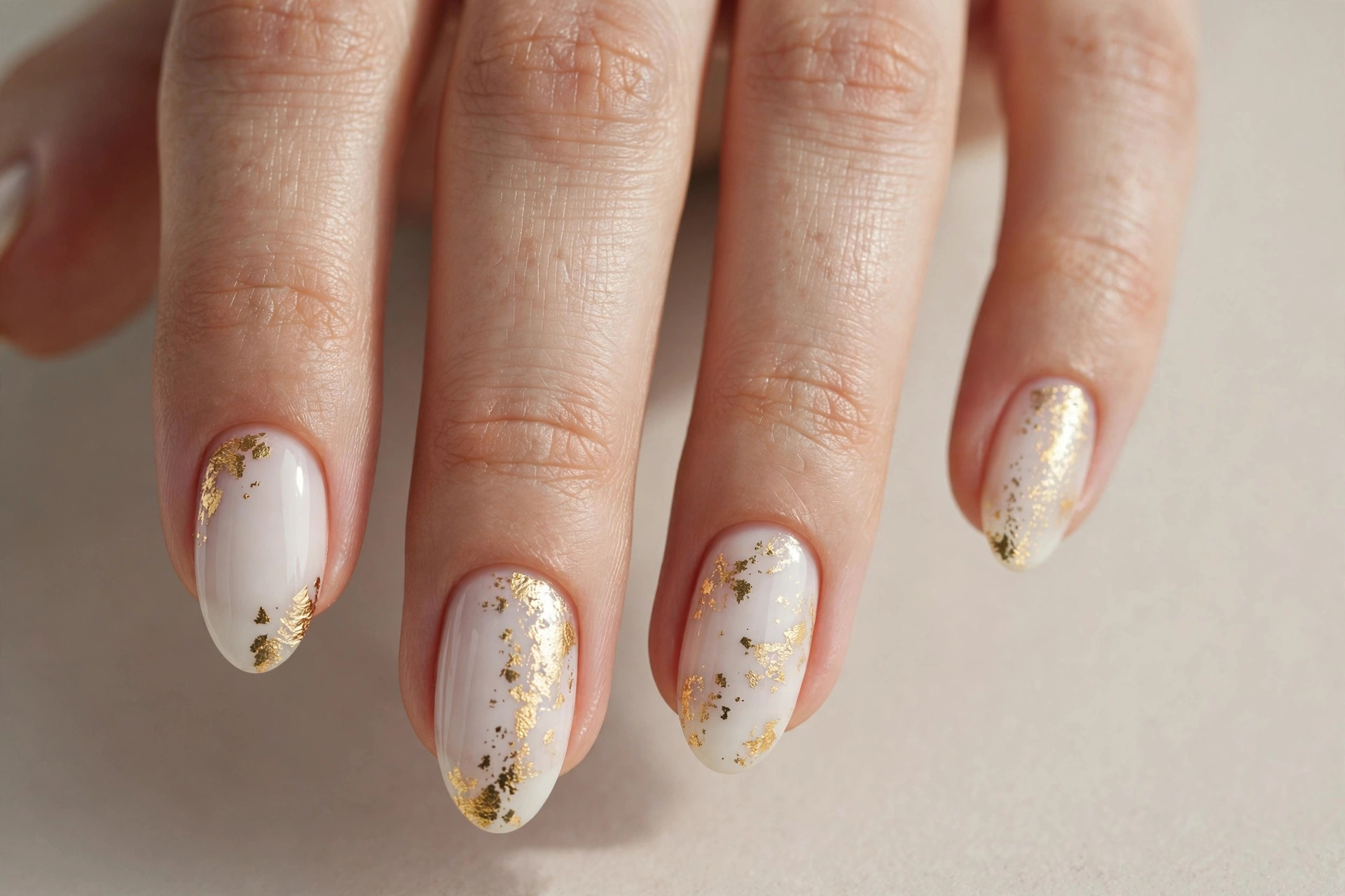 White manicure with delicate gold foil accents on almond nails