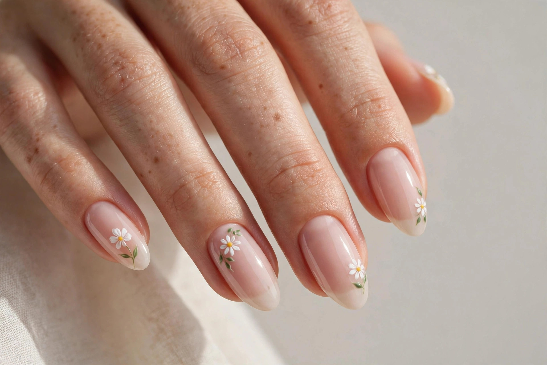 White daisy floral nail art on a sheer base