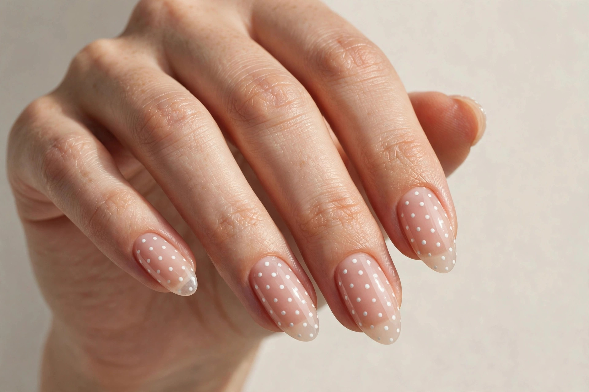 Sheer nude nails decorated with white polka dots