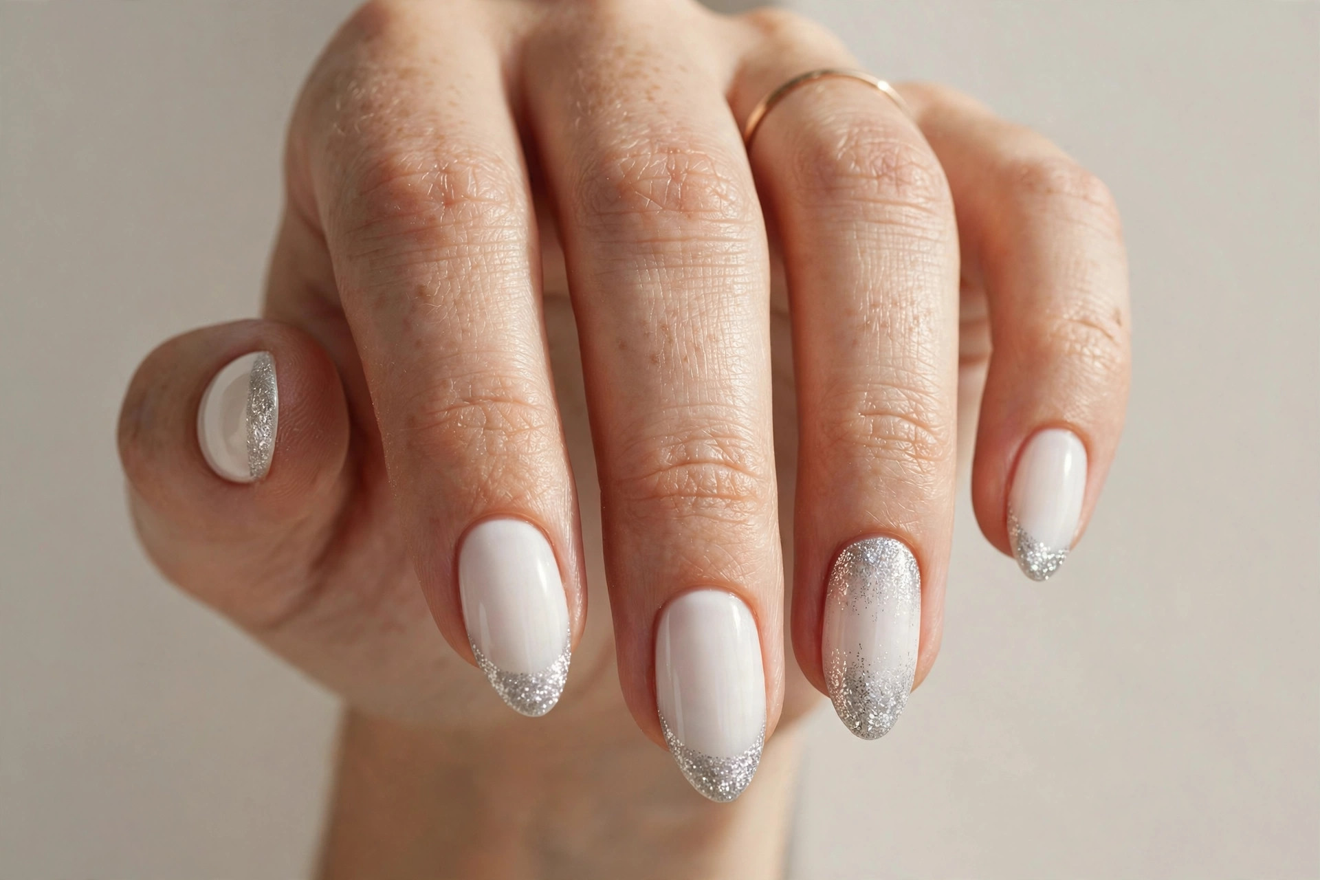 White nails with sparkling silver glitter tips
