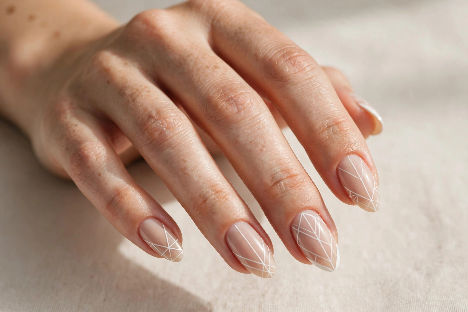 White geometric line nail art with modern minimalist patterns