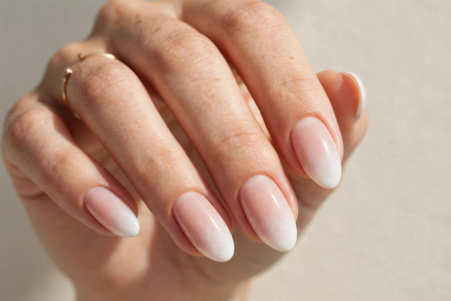 White aura blush nails with a soft airbrushed glow