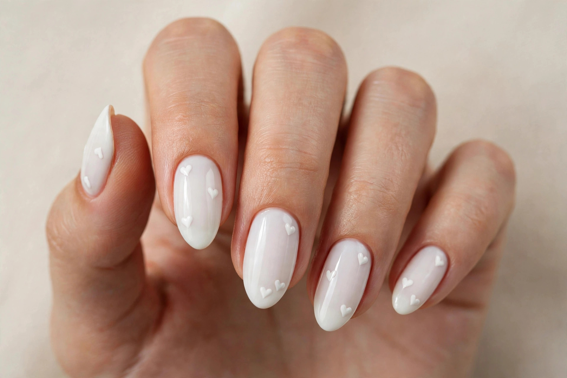 White nails with tiny white heart accents