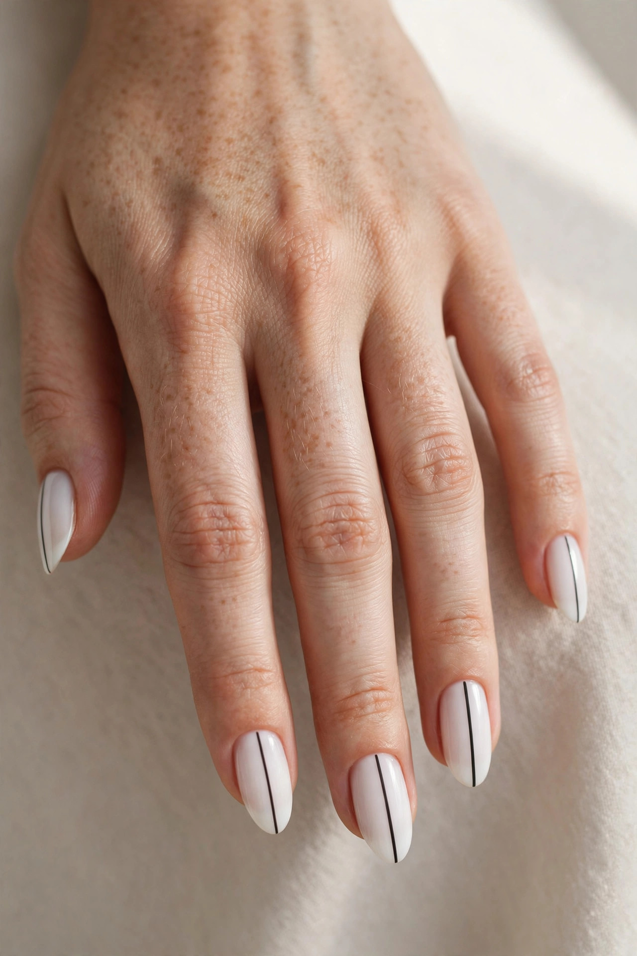 Minimalist white nails with a single thin vertical stripe