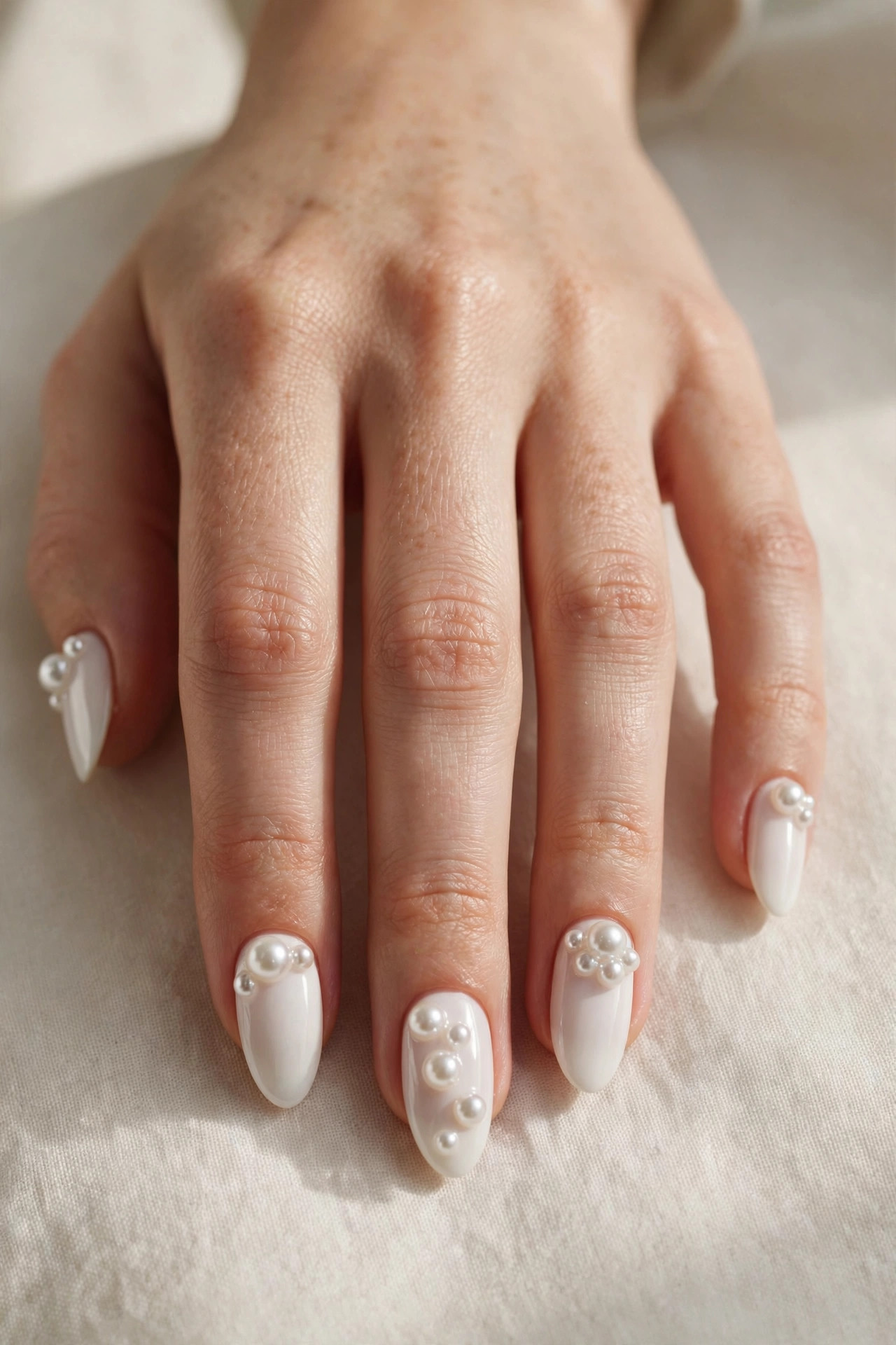 White nails decorated with pearl embellishments