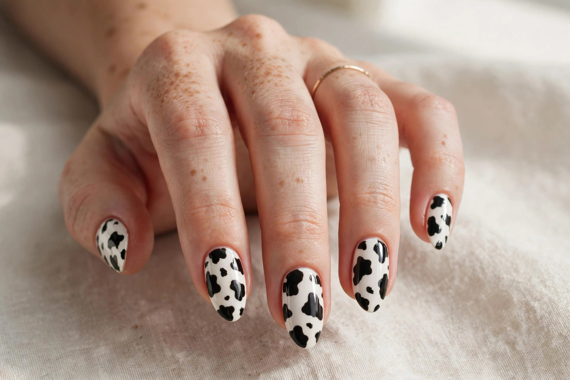 White cow print nail art with black spots