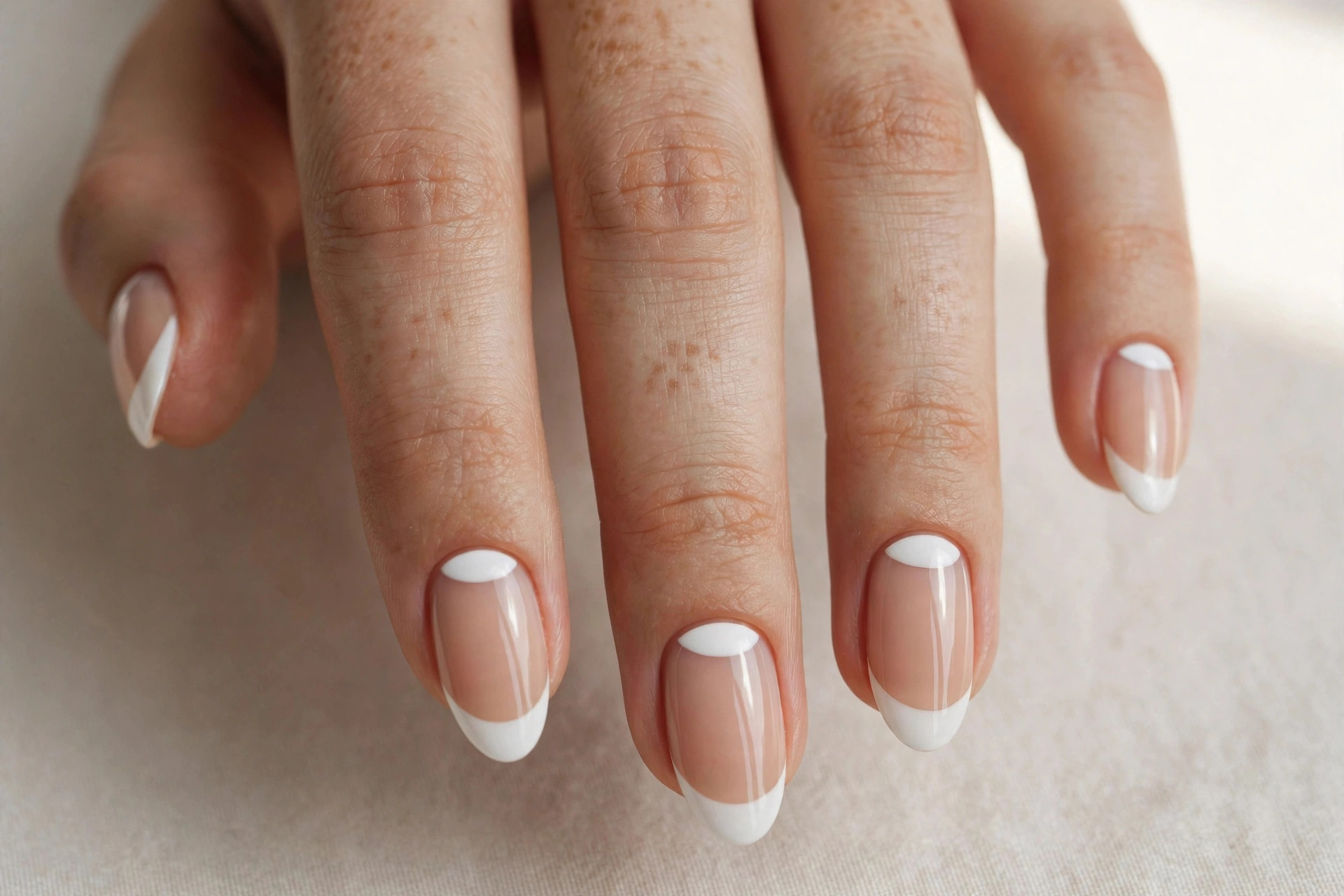 Nude nails with white half moon tips at the cuticle