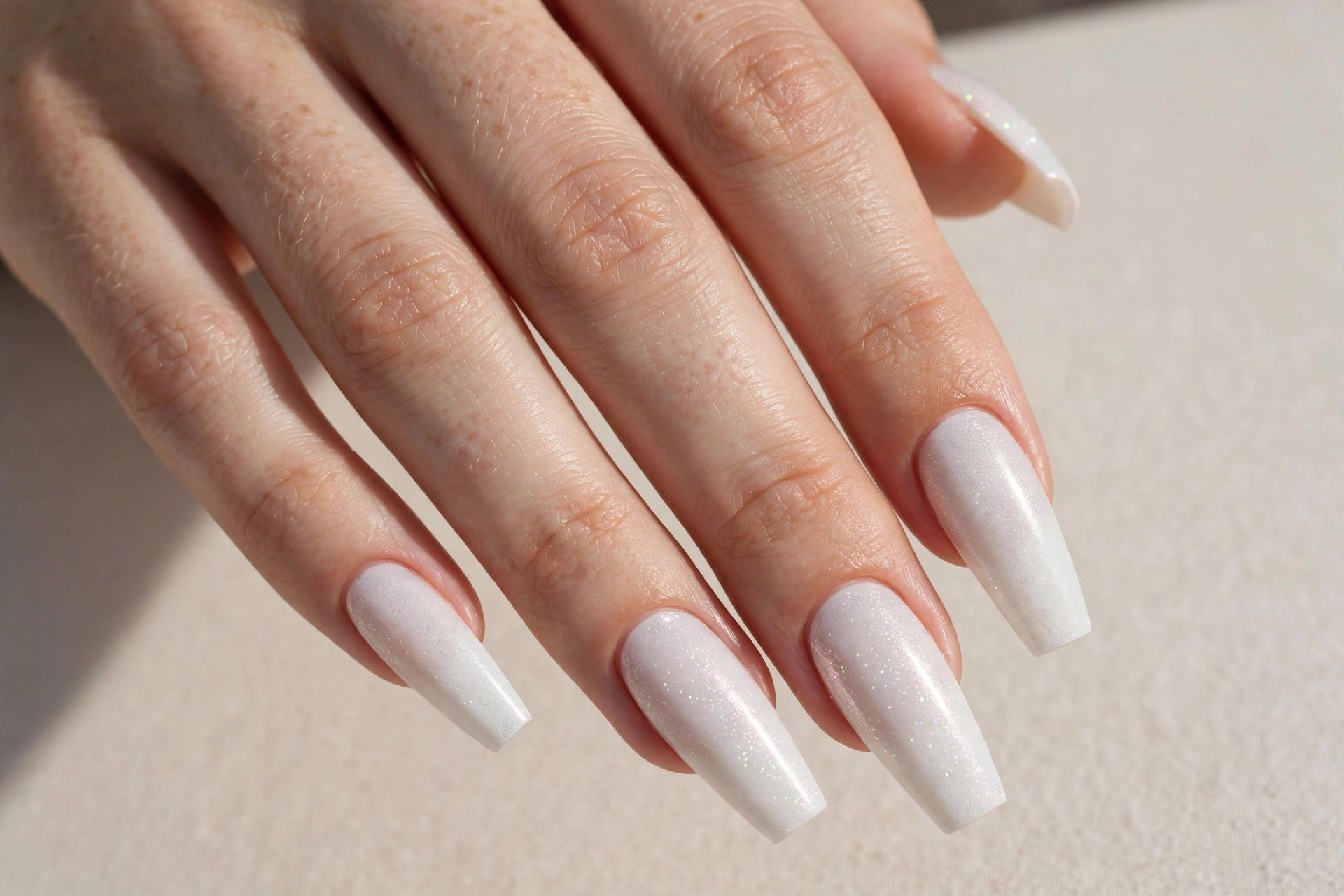 Long white coffin nails with a subtle shimmer finish
