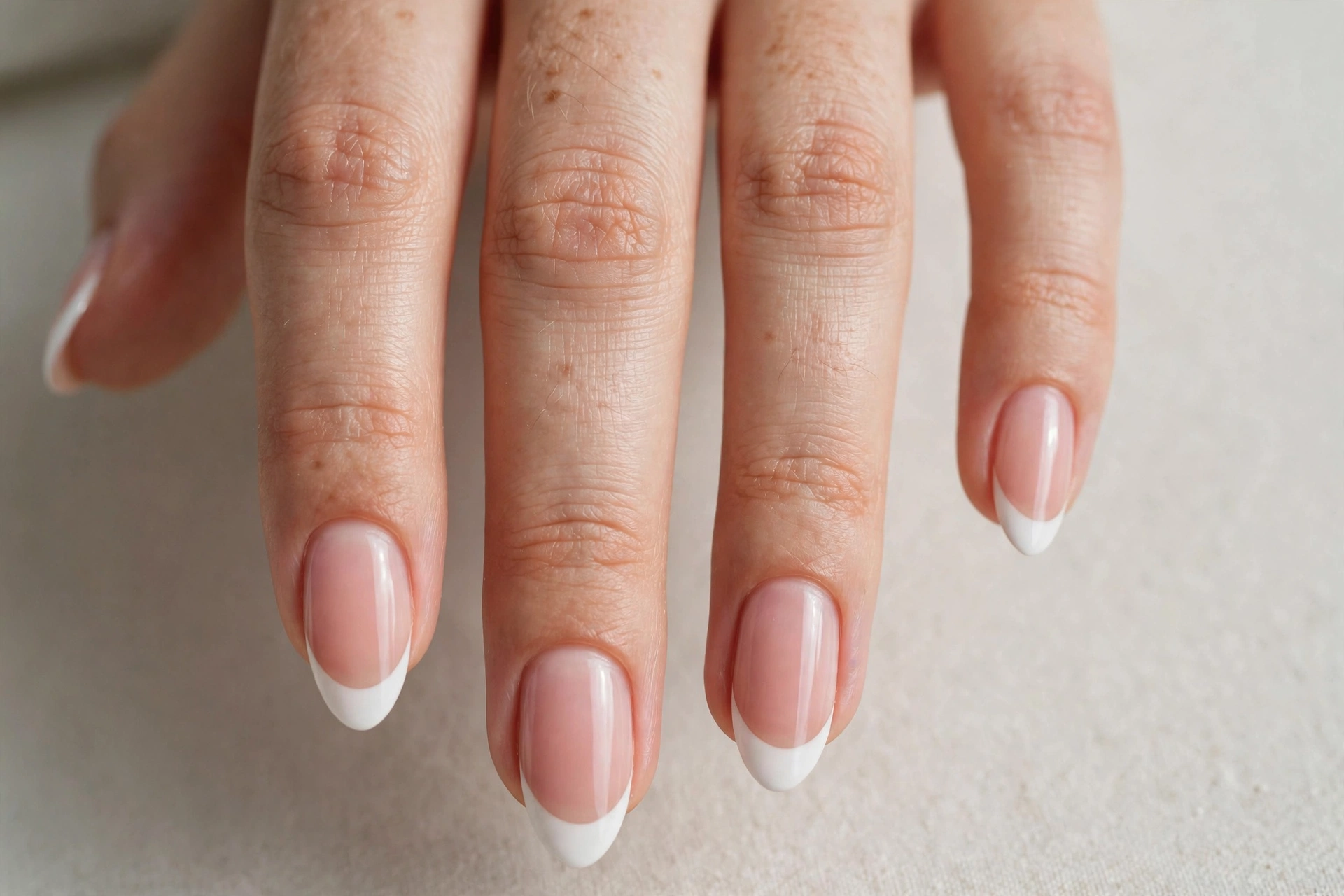 Classic white French tip nails with crisp white tips over a nude base