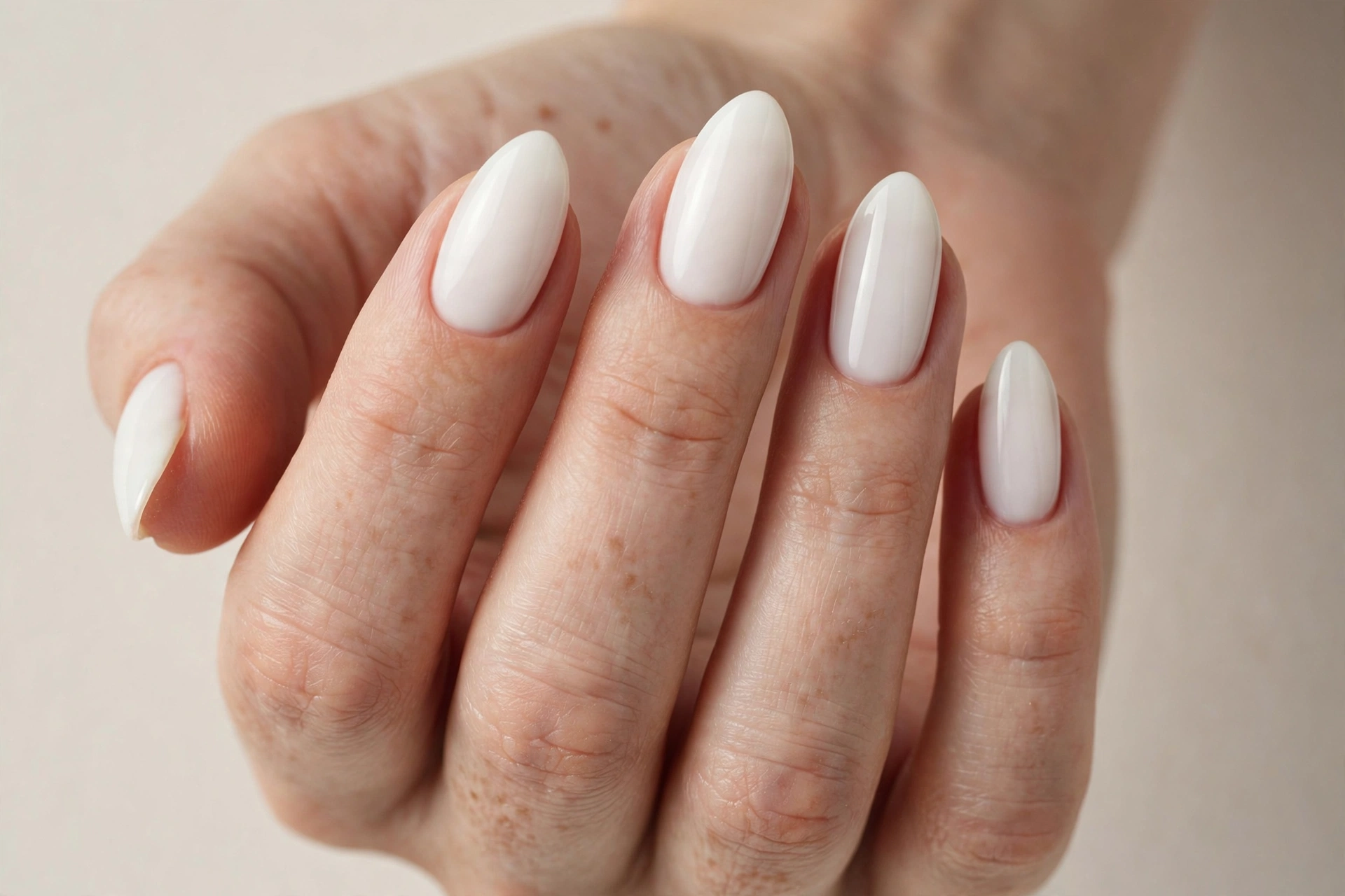 Milky white almond nails with a creamy opaque finish