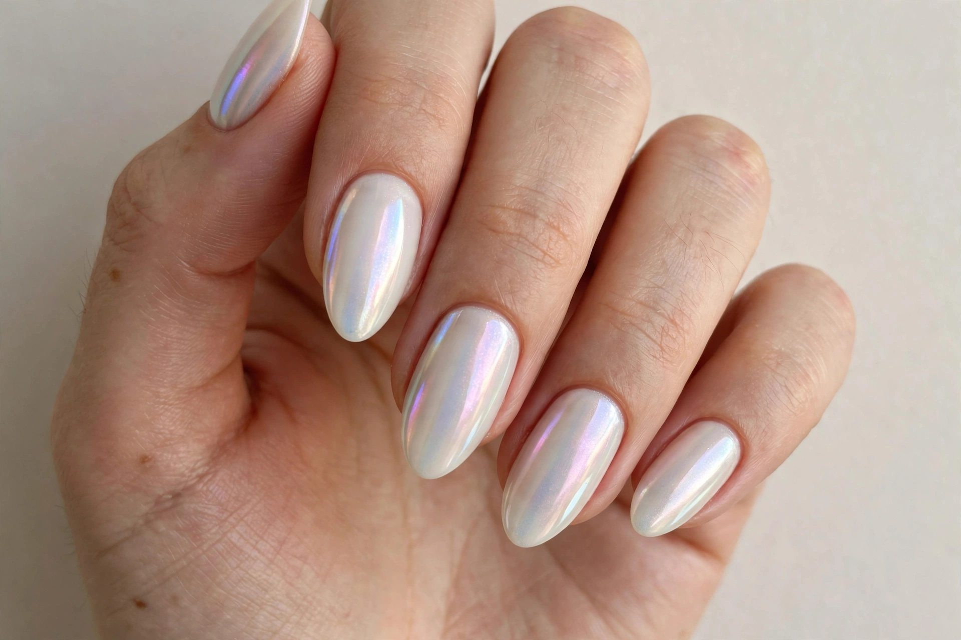White chrome glazed nails with a pearly iridescent shimmer