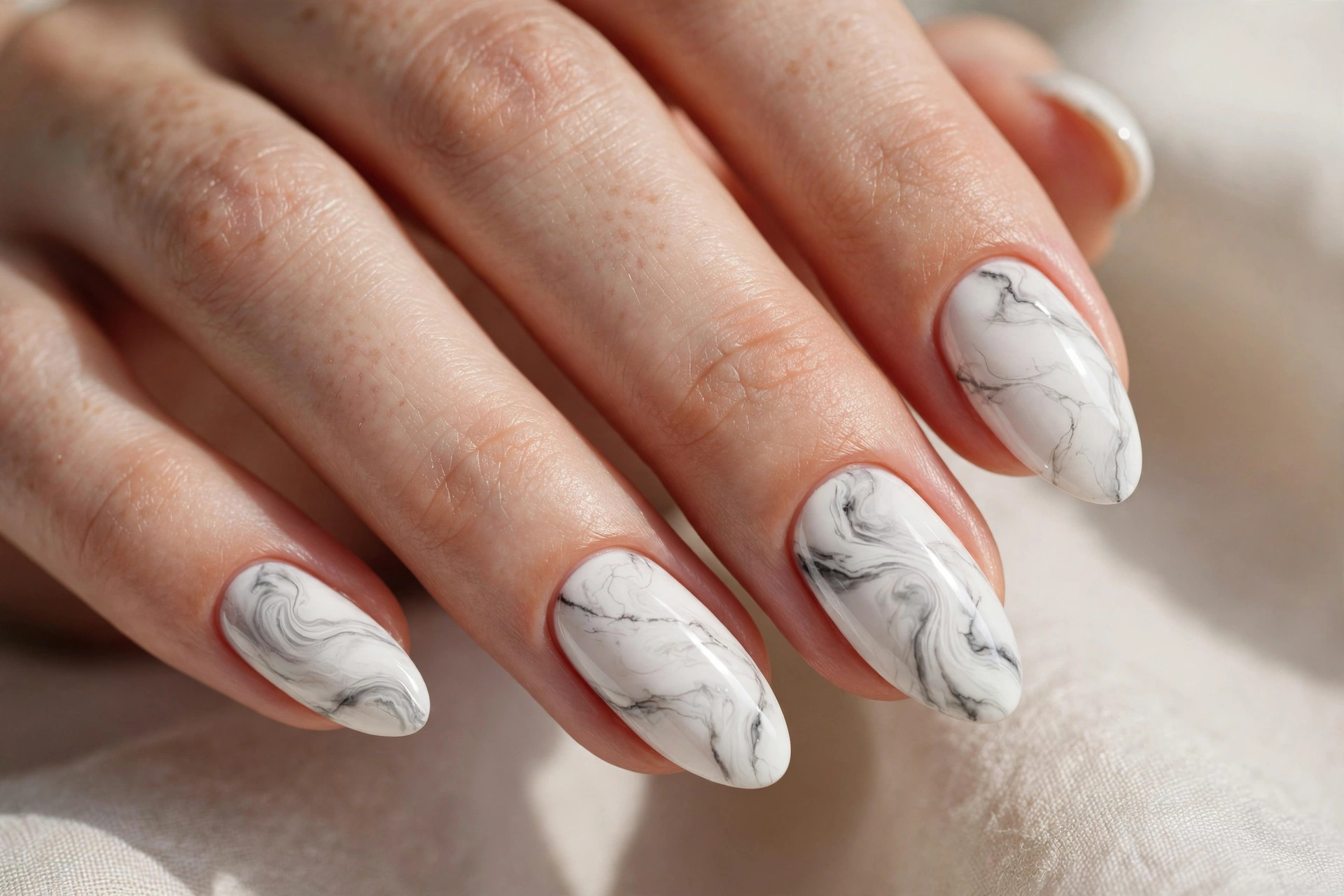 White marble swirl nails with delicate grey veining
